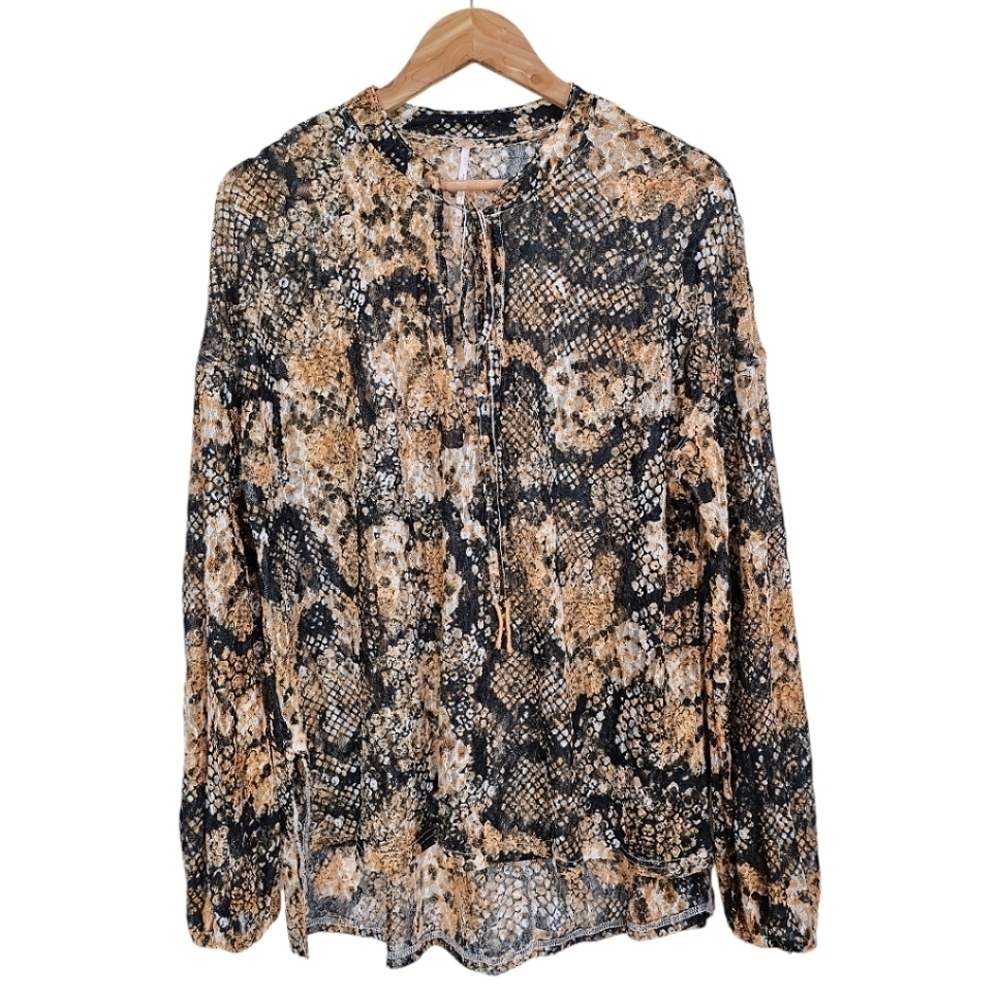Free People Out For The Night Semi-Sheer Snakeskin Tie Neck Top Black Gold Small